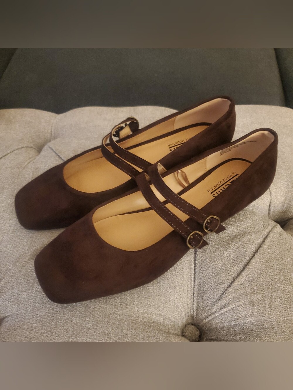 Women’s Double-Strap Square Toe Mary Jane Flats - Brown Vegan Suede